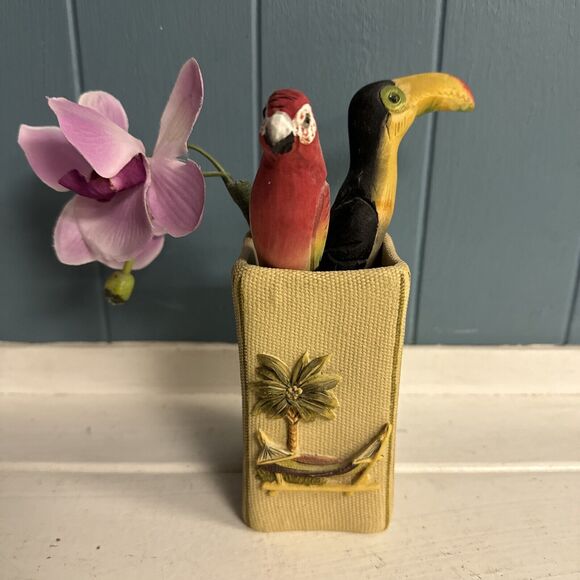 CROSCILL Tumbler - Rattan Wicker Palm Tree Hammock‎ Tropical Office Pen Holder + - Picture 1 of 9